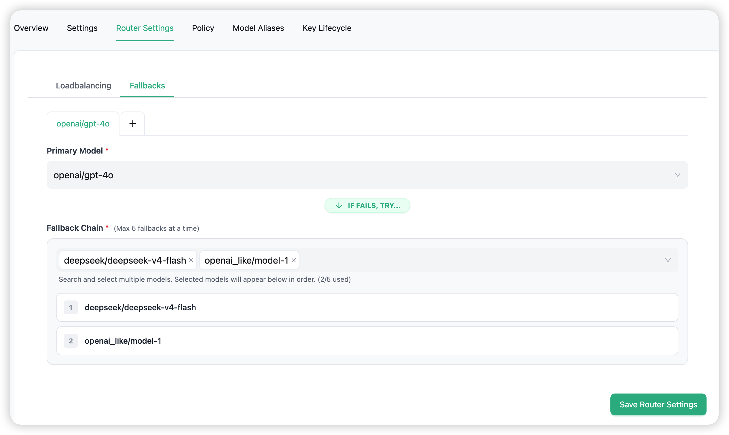 Key detail → Router Settings → Fallbacks: a primary model and an ordered fallback chain