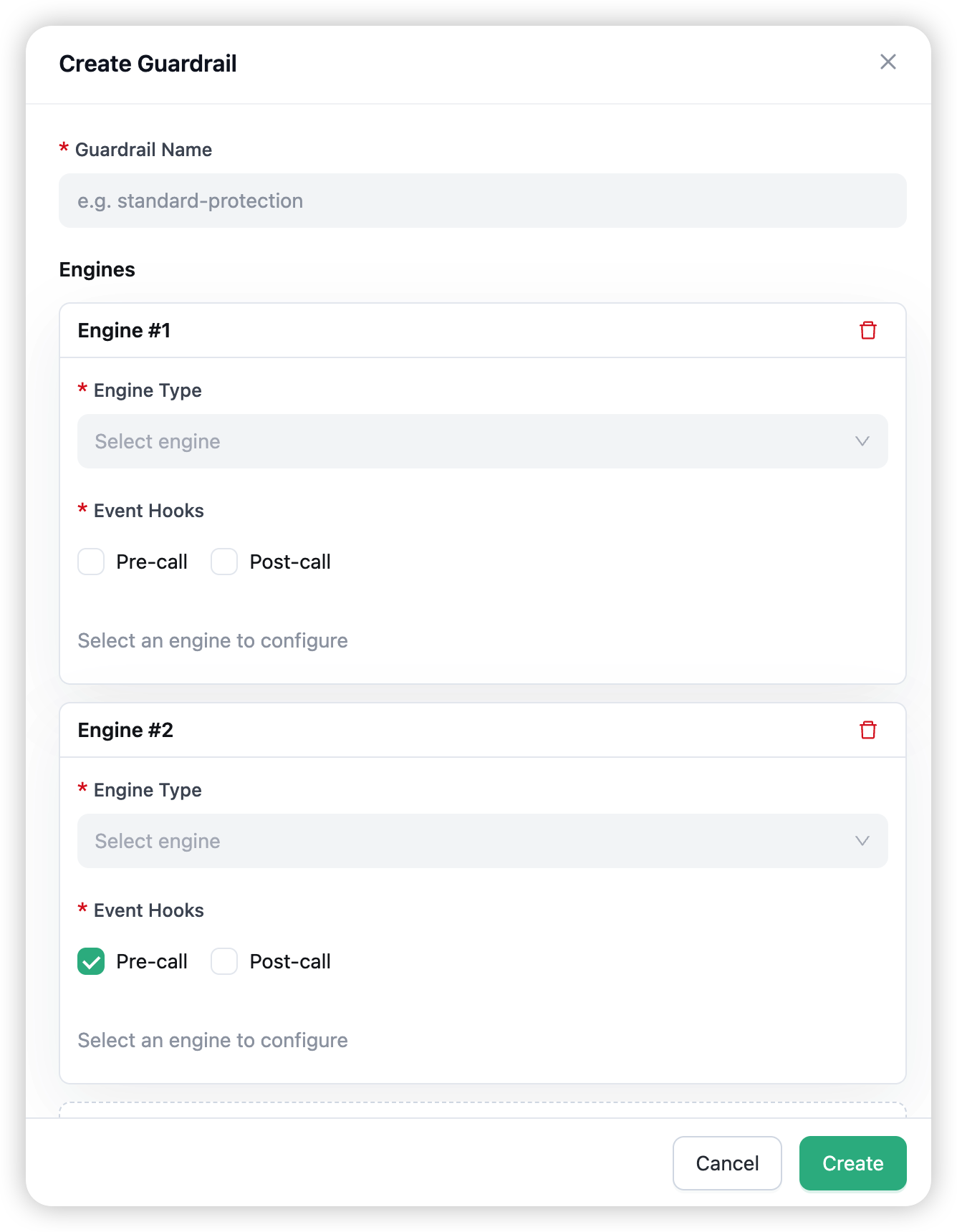 The Create Guardrail drawer — name, mode, engine type, event hooks, and a per-engine config form