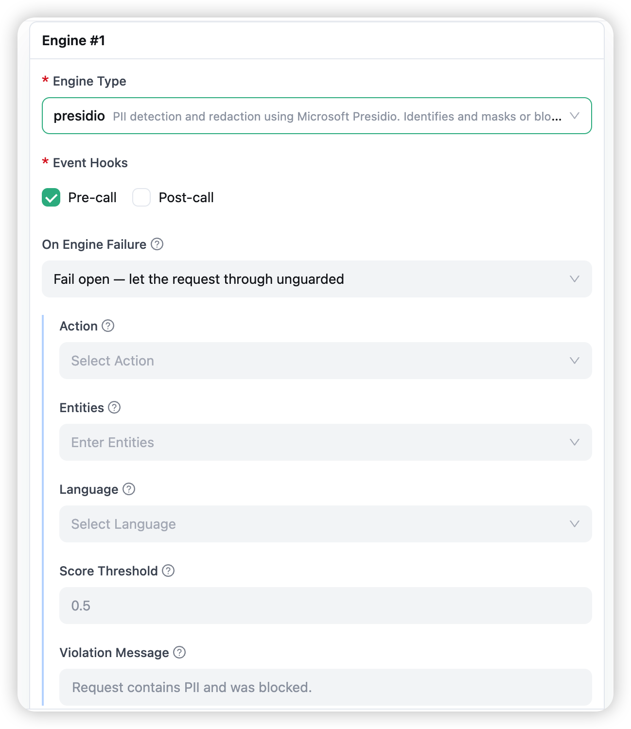 The PII Detection & Masking engine's config form — entity multi-select, language, action, and score threshold