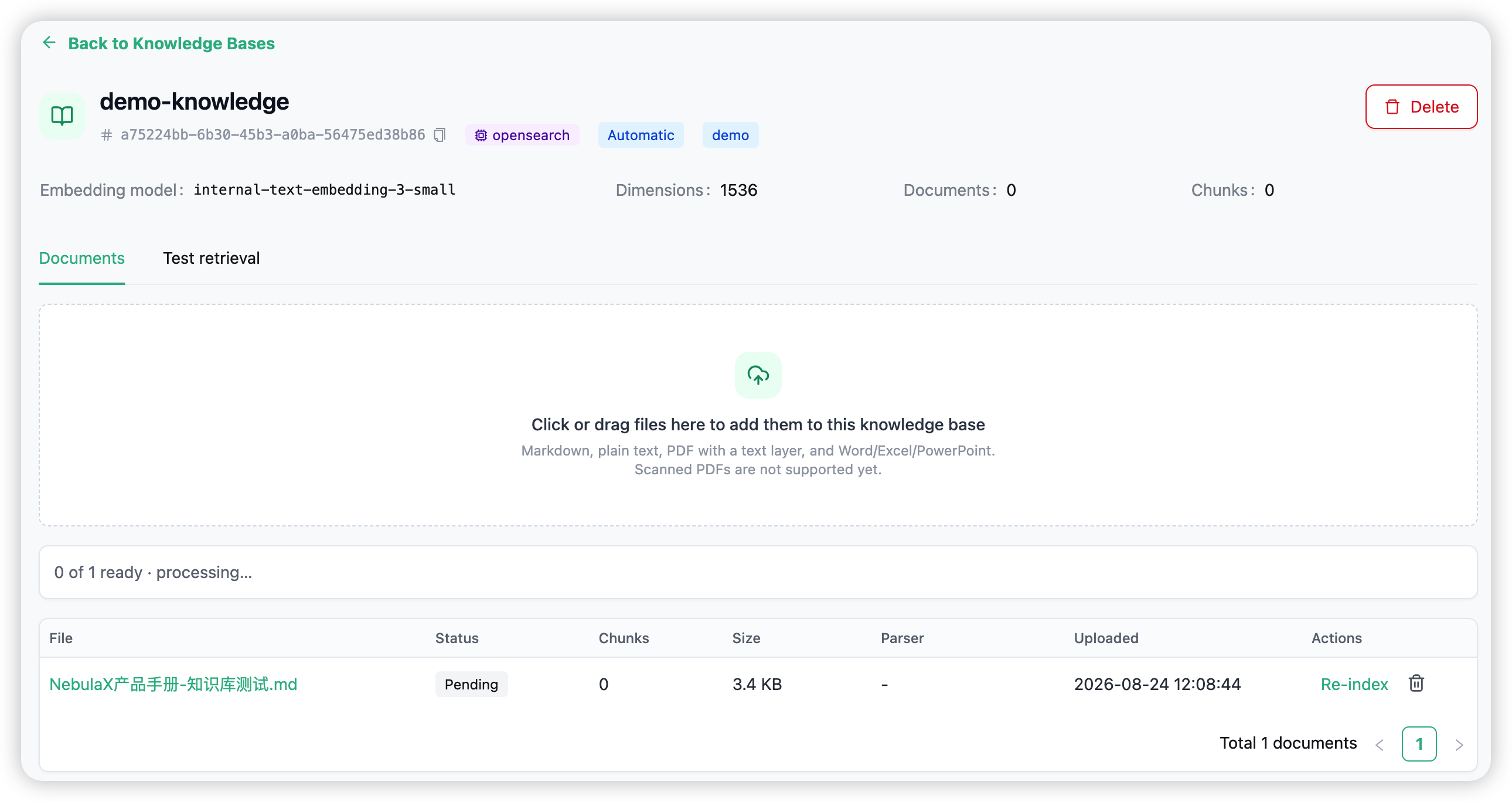 A knowledge base detail view — the Documents tab with upload area, statuses, and chunk counts