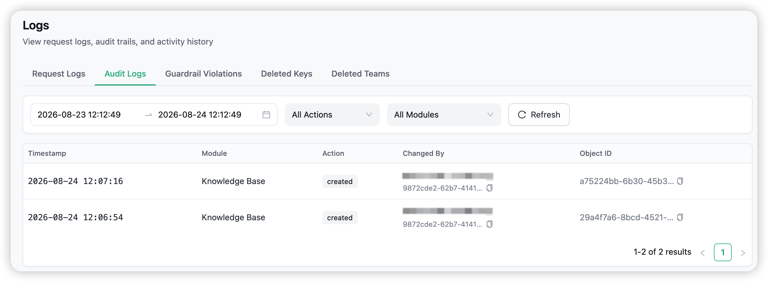 The Audit Logs tab — action and module filters, time range, and the change history table