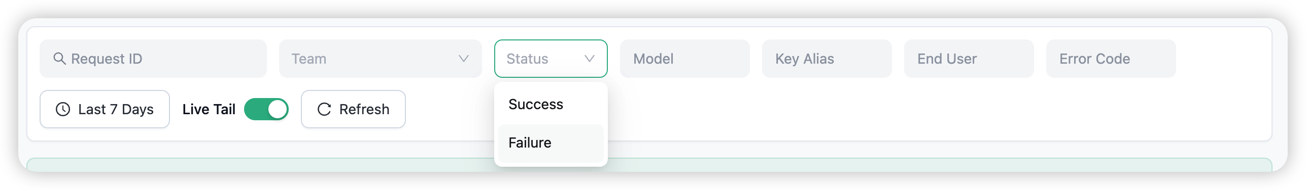 Logs filters — team, status, model, key, end user, error code, and a custom date range