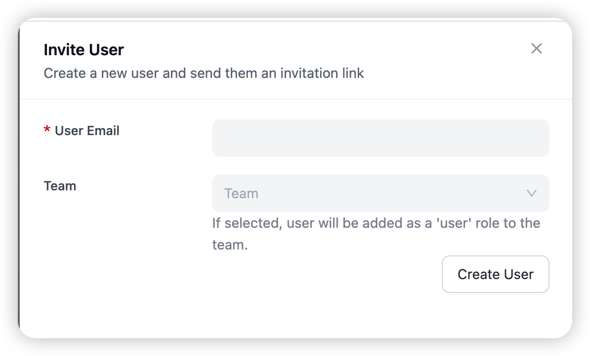 The Invite User drawer — email, role, and optional team