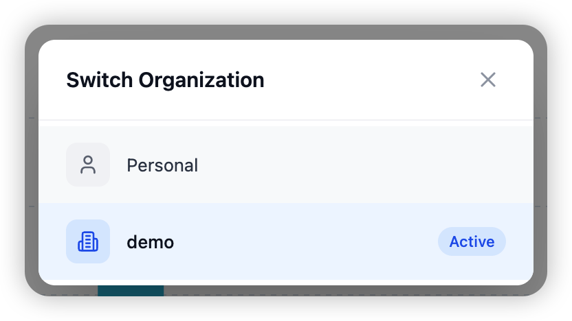 The Switch Organization modal — the list of organizations you belong to, with the active one badged