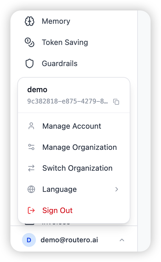The user menu at the bottom of the sidebar — the entry point for switching and managing organizations