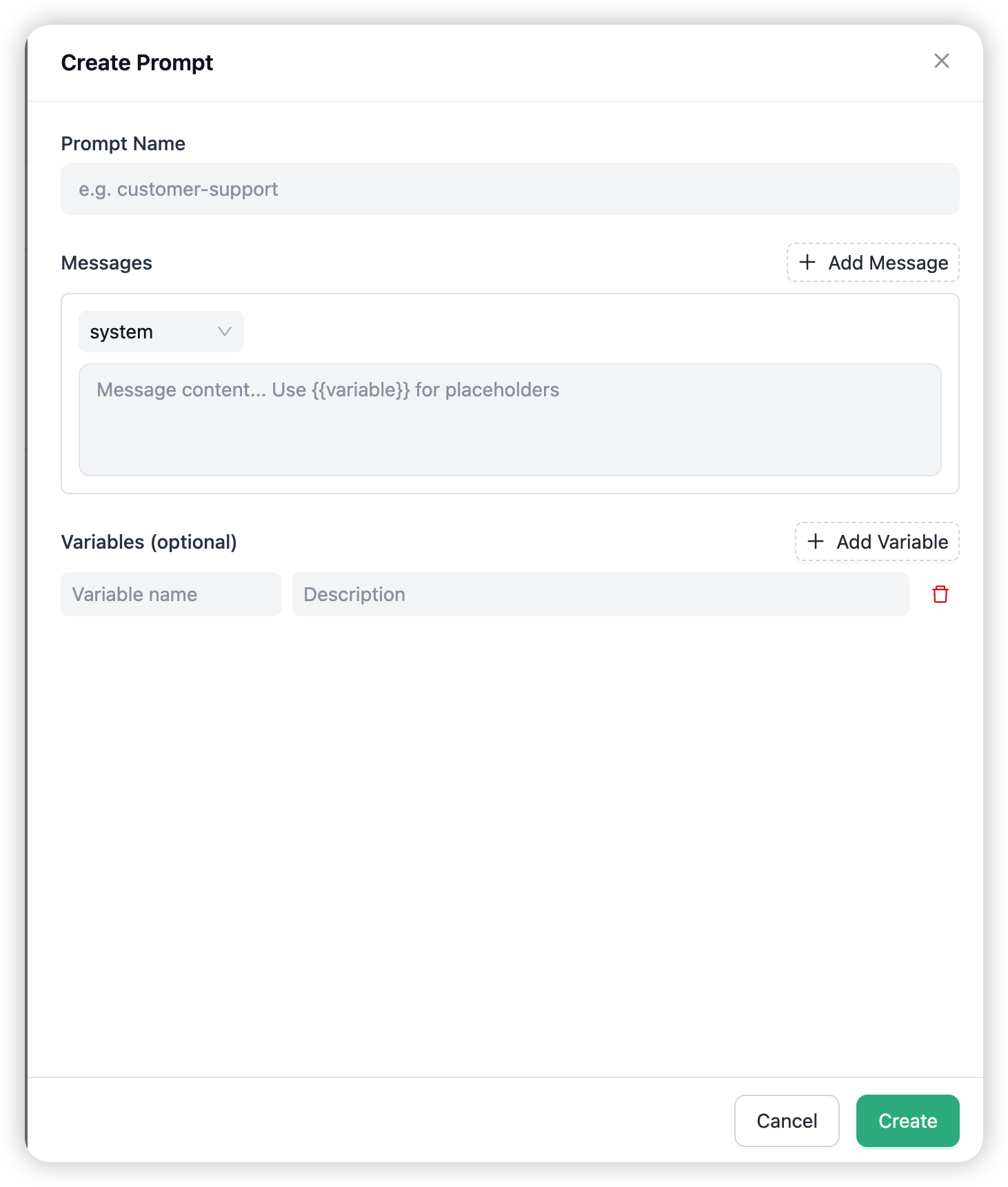 The Create Prompt drawer — name, a messages list with roles, and variables