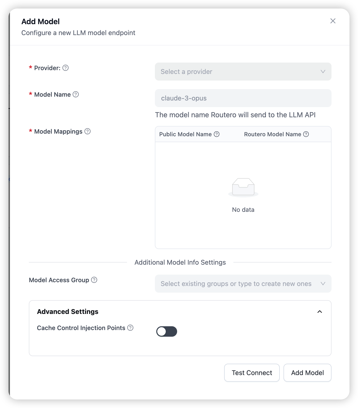 Add Model drawer — provider, model name, and the public model name you will call
