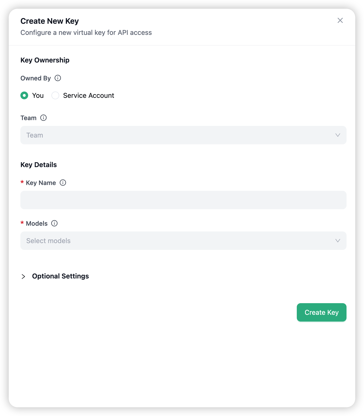 The Create New Key drawer, and the Save-your-Key dialog with the sk-… virtual key