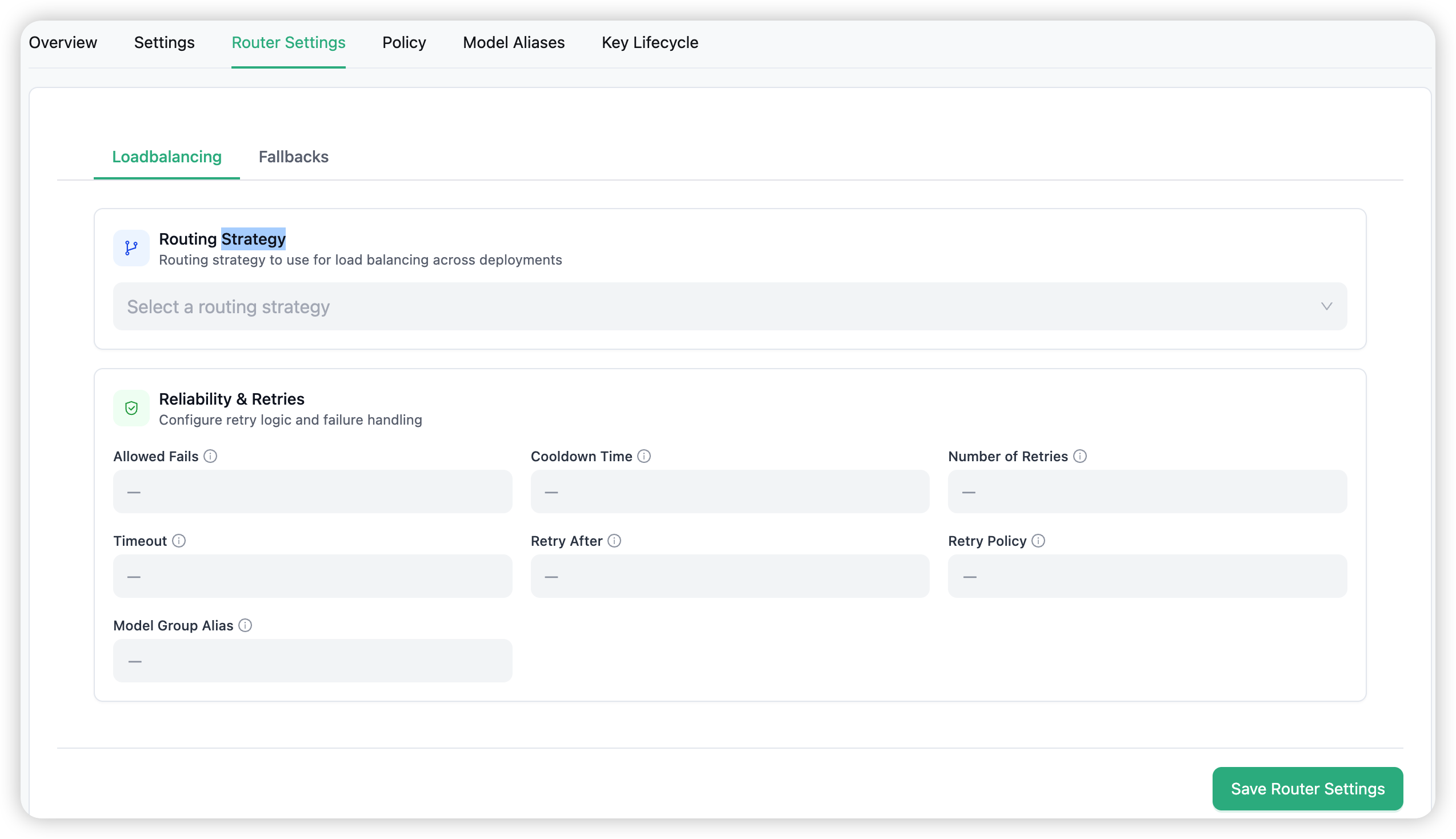 Key detail → Router Settings → Loadbalancing: routing strategy and reliability & retries