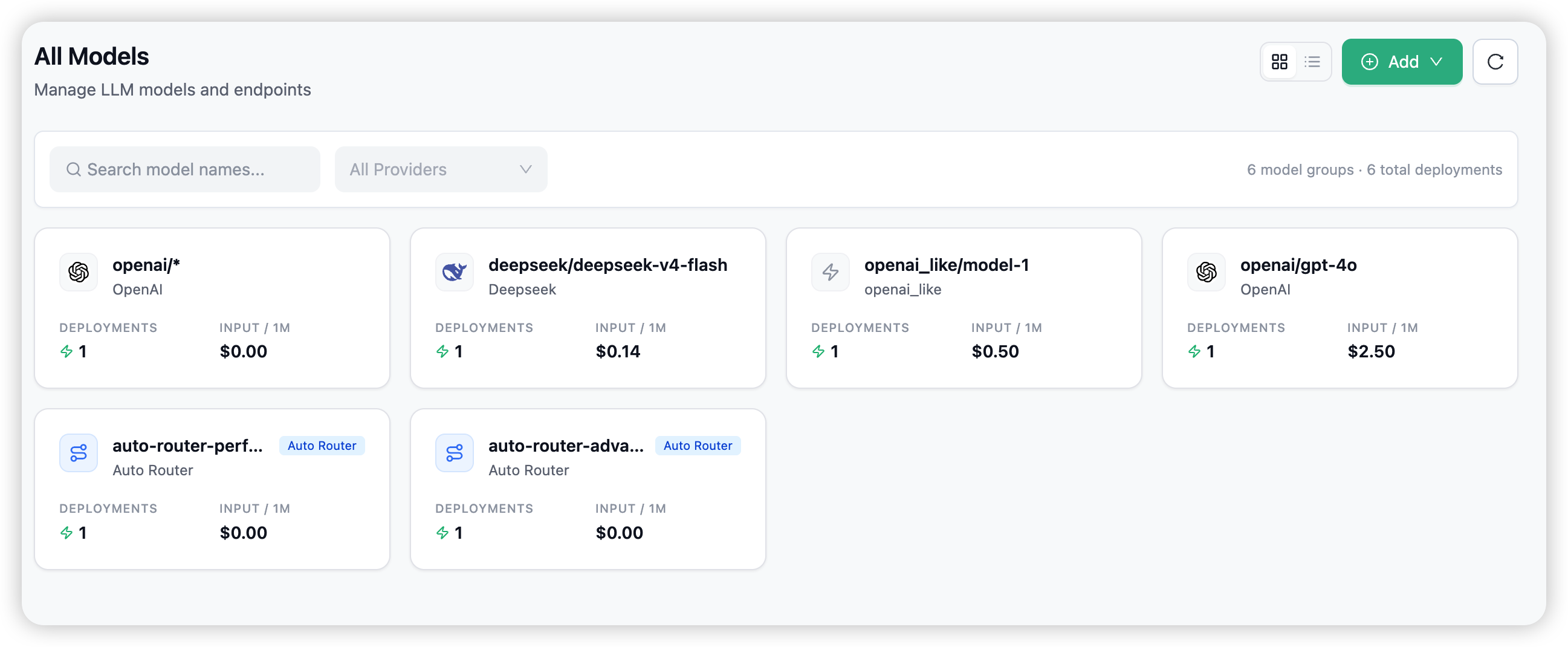 The Models page — model groups as cards, with deployment counts and providers