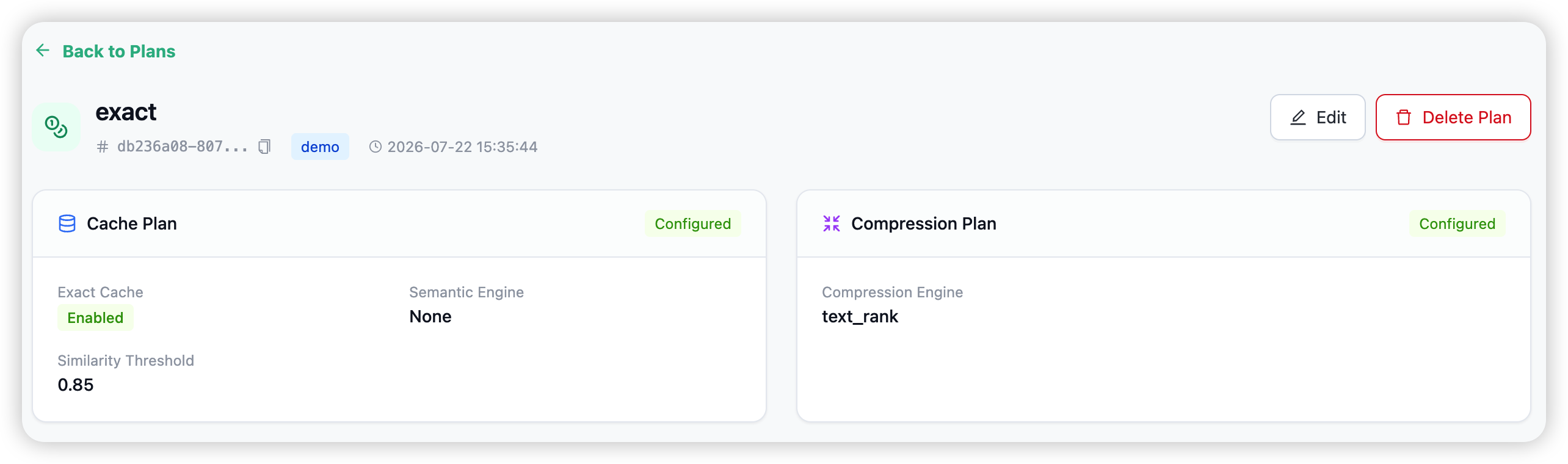 A token-saving plan detail view — cache plan and compression plan cards